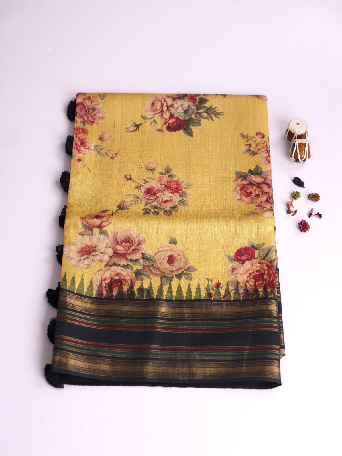 Yellow Printed Tussar Silk Saree With Black Border