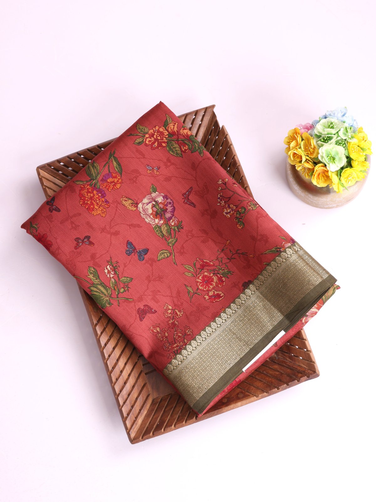 Red Printed Chaniya Silk Saree With Zari Border 