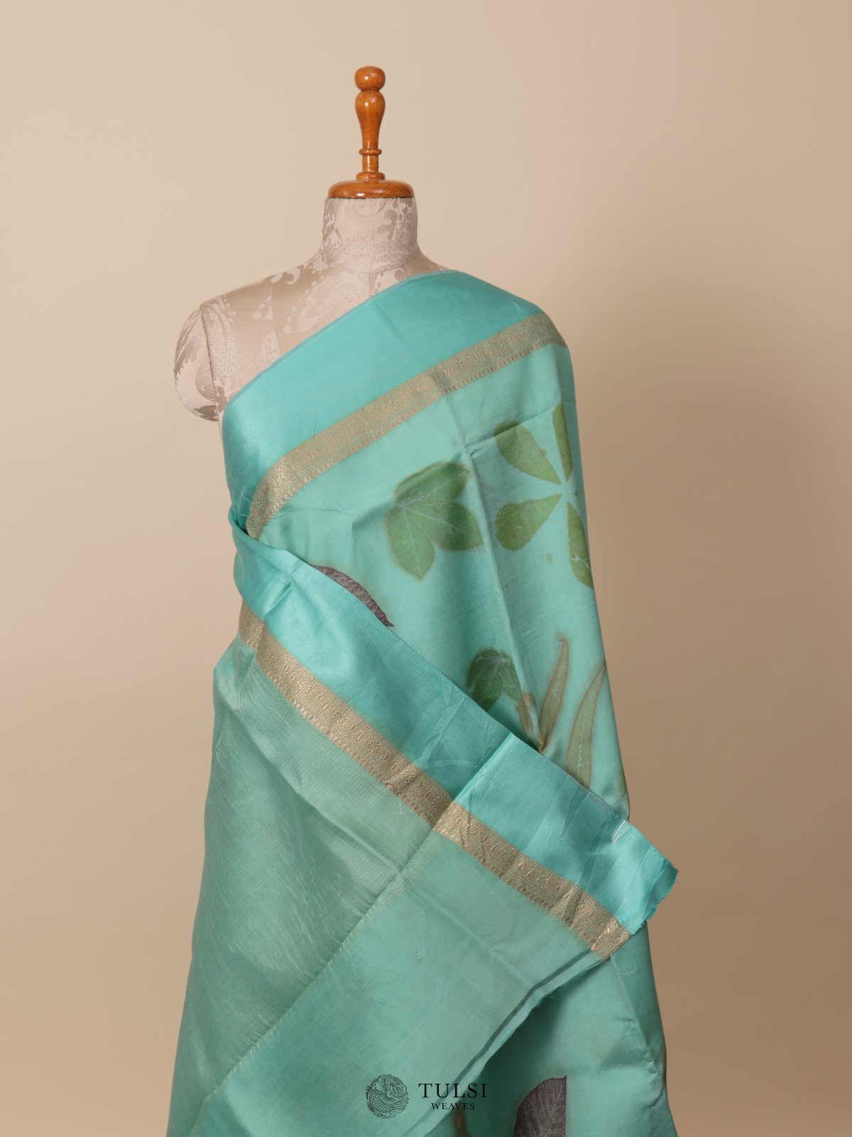 Sea Green Eco Print Silk Saree With Satin Border