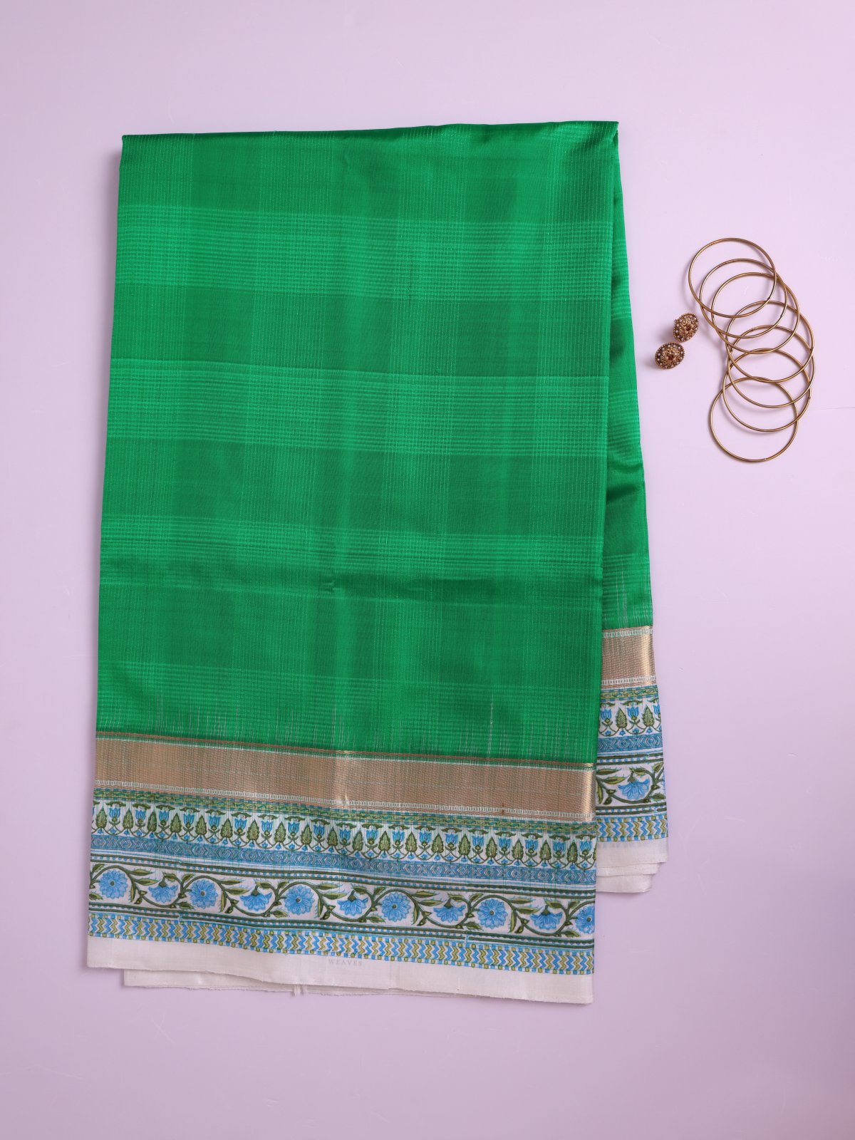 Emerald Green Block Printed Soft Silk Saree