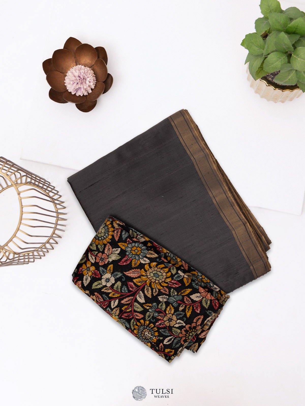 Dark Grey Raw Silk Saree With Zari Border