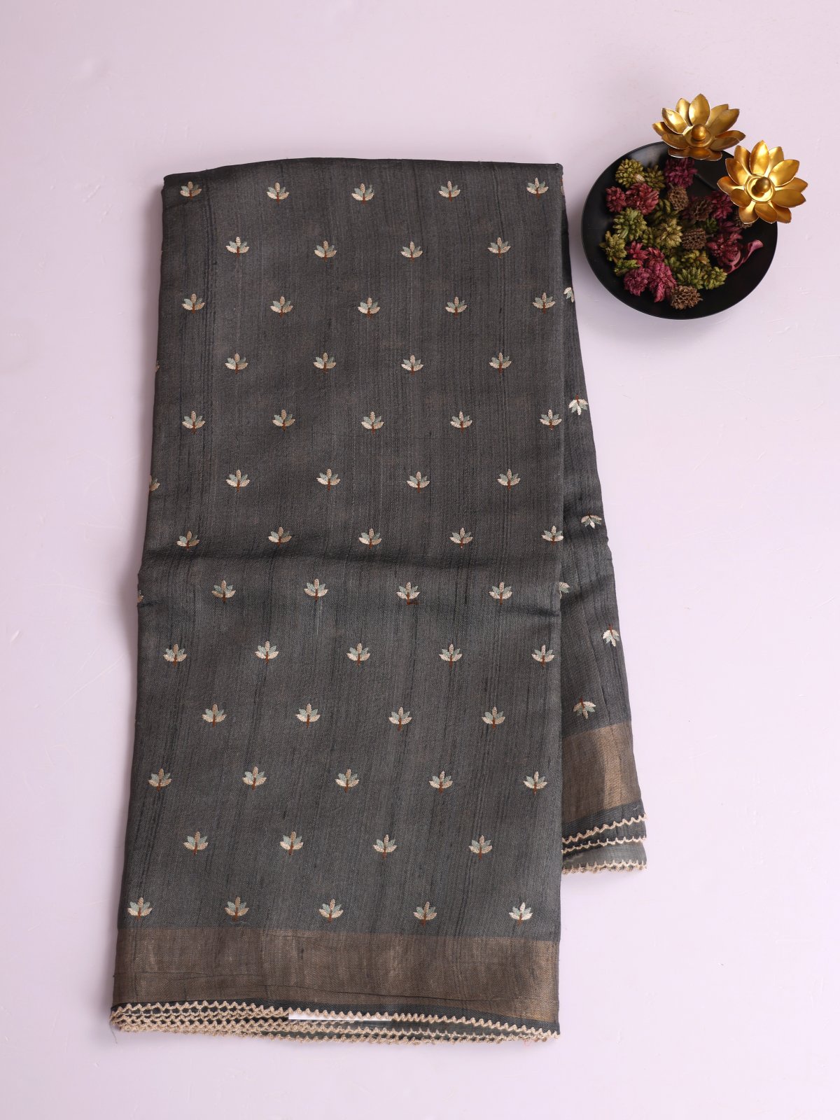 Grey Embroidered Tussar Silk Saree