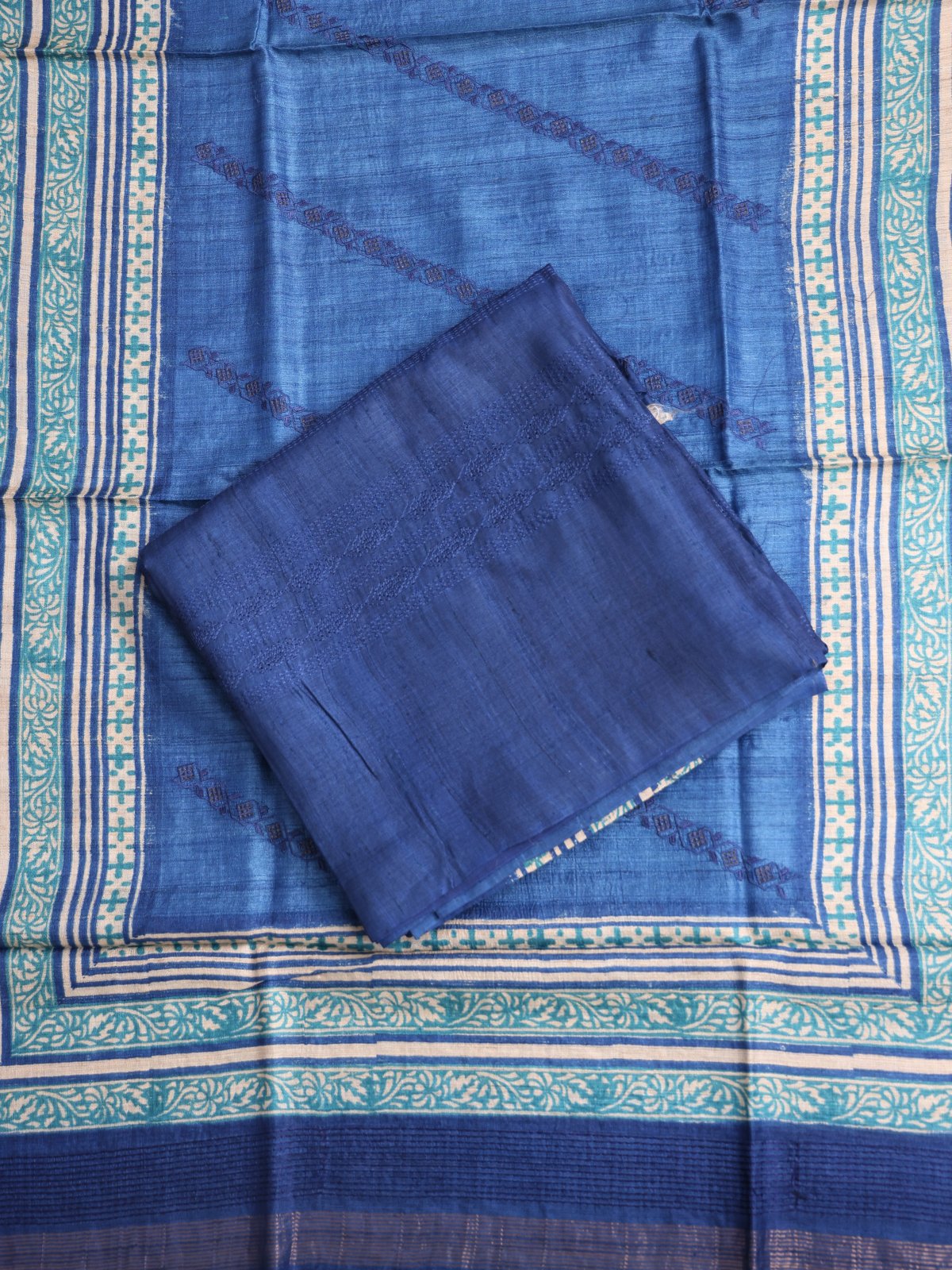 Dark Blue Embroidered Tussar Salwar Material