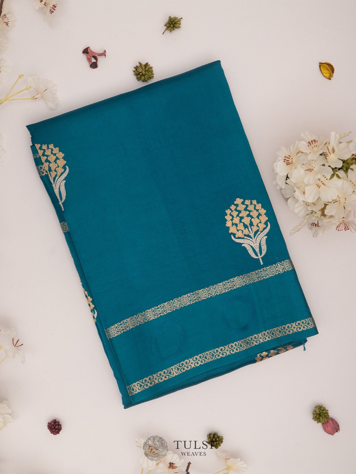 Teal Blue Banarasi Silk Saree with floral buttas 