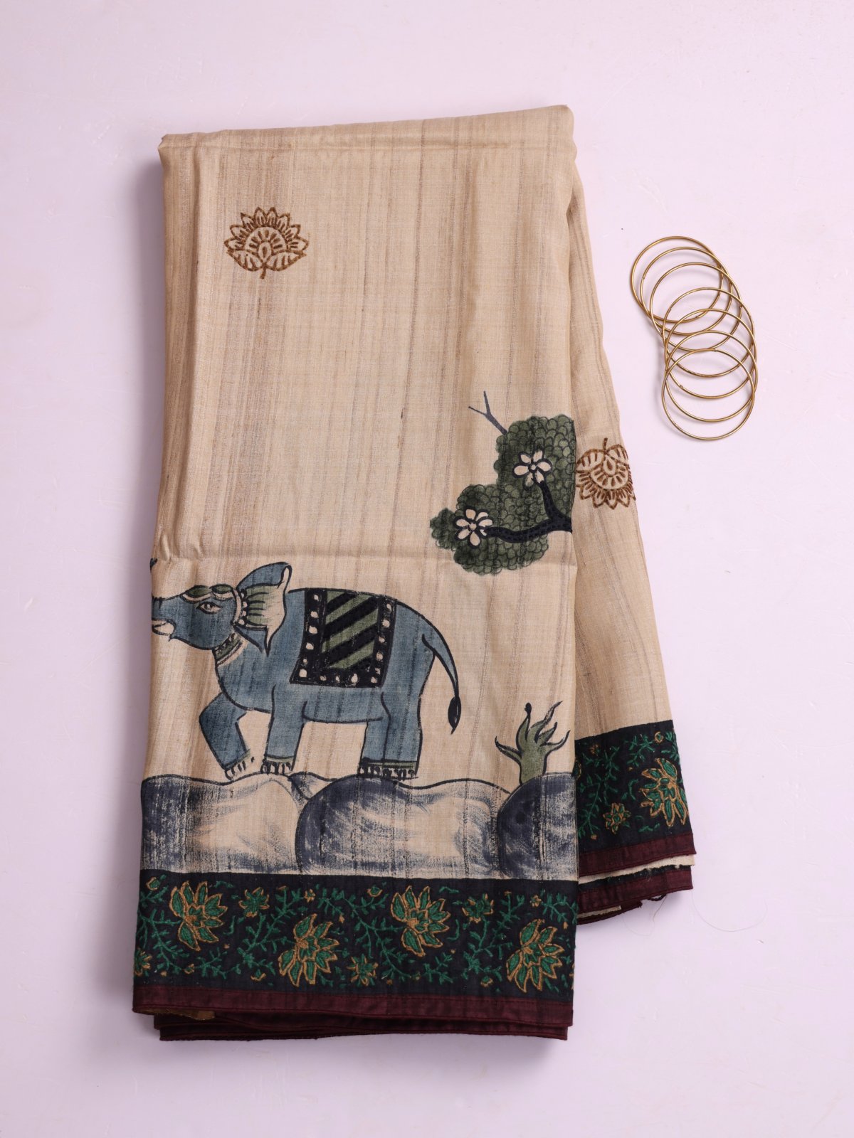 Beige Printed Tussar Silk Saree With Kantha Embroidery