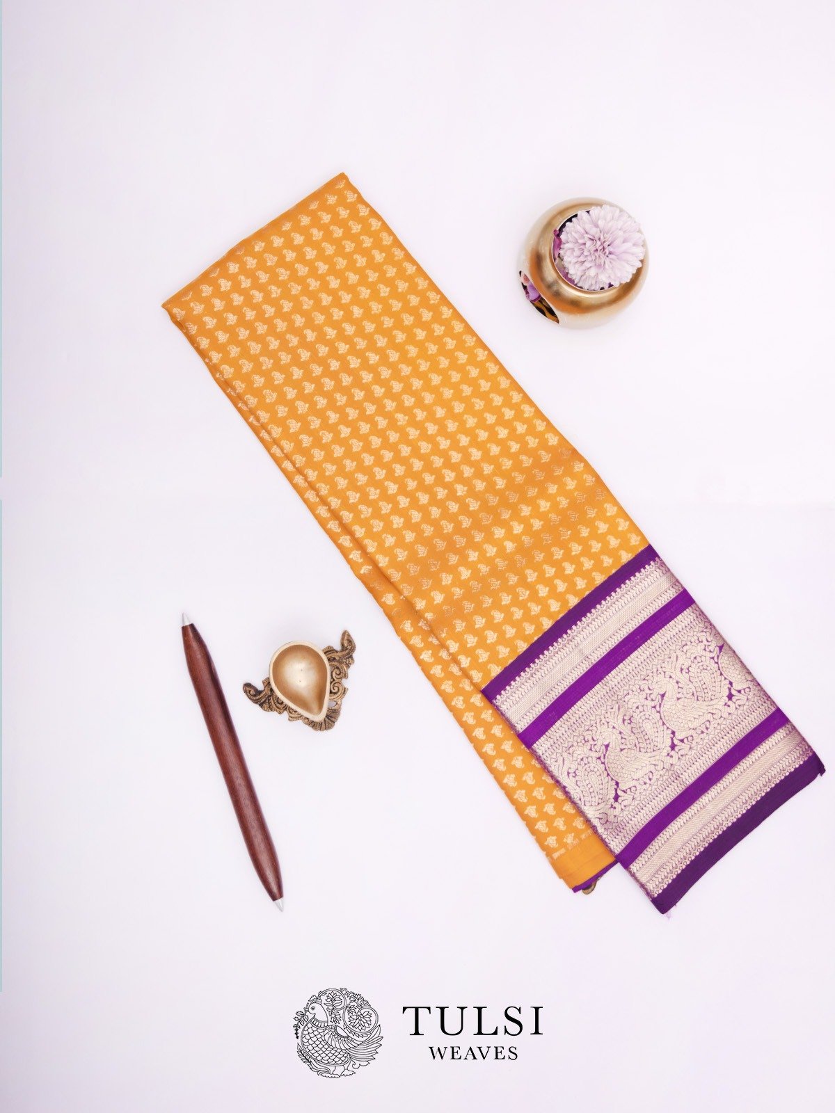 Mustard Kanjeevaram Silk Pavadai with Violet Border