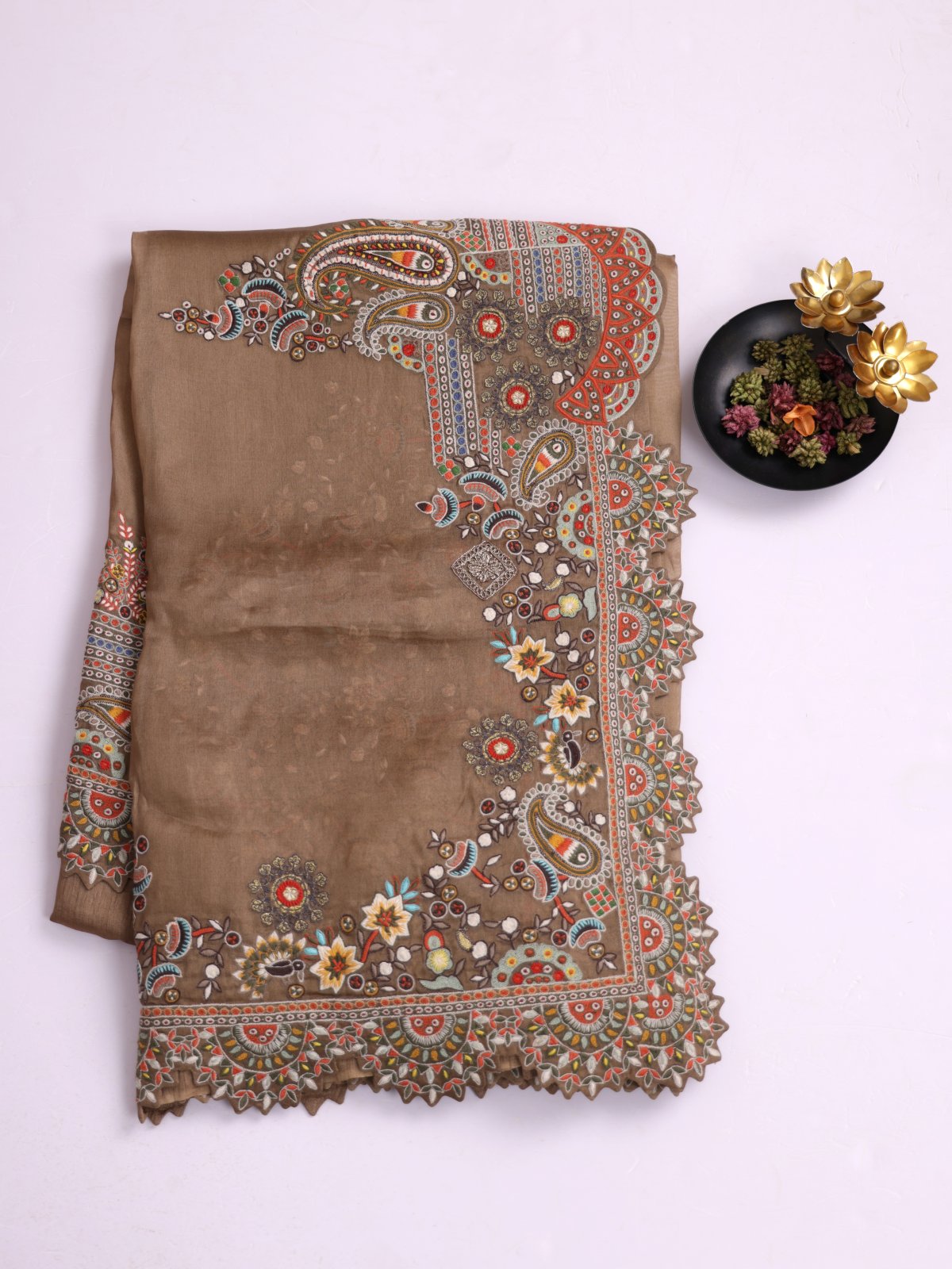 Light Brown Organza Silk Saree With Embroidered Border