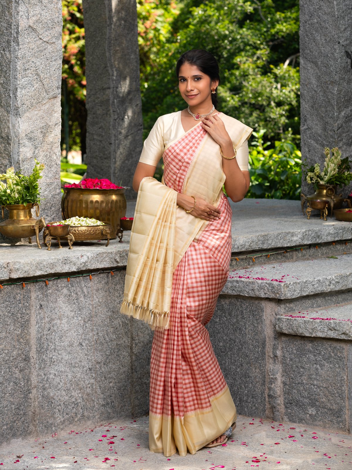 Multi Color-Checked Kanjeevaram Silk Sarees With Beige Border 