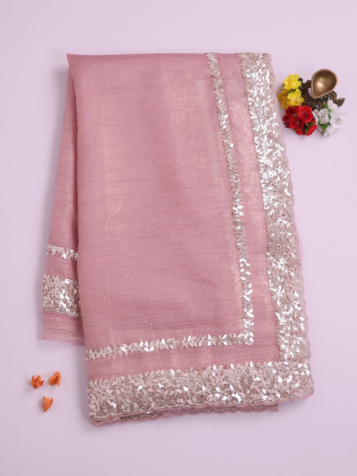 Light Lilac Crushed Georgette Silk Saree With Sequins Border