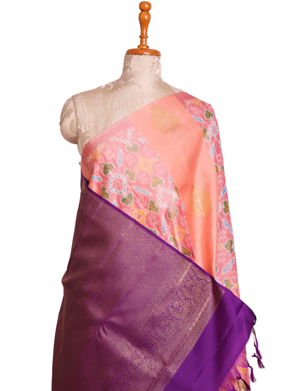 Peach Kanjeevaram Ikat Silk Saree With Zari Butta
