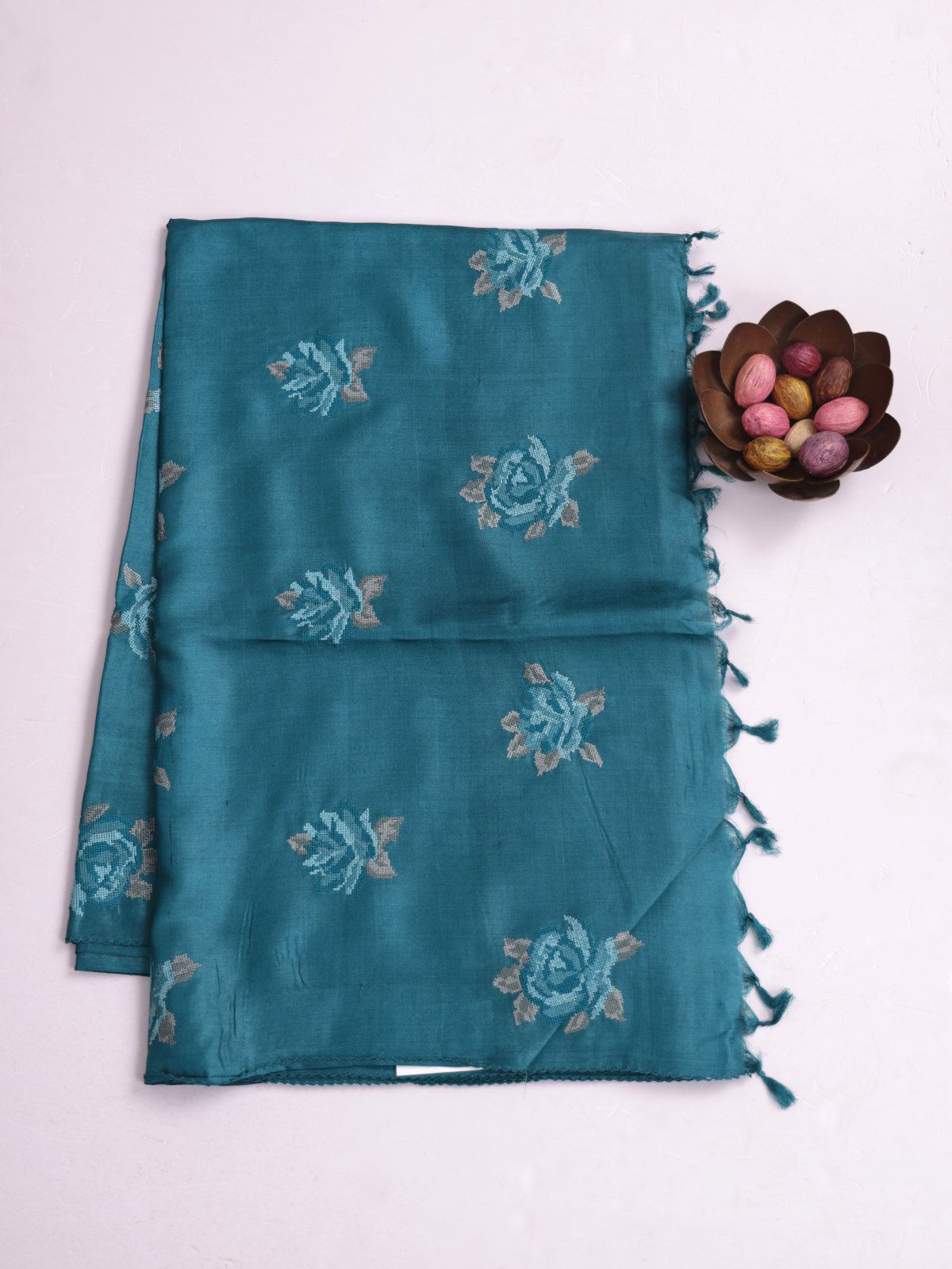 Peacock Blue Tussar Silk Saree With Cross-Stitch Embroidery