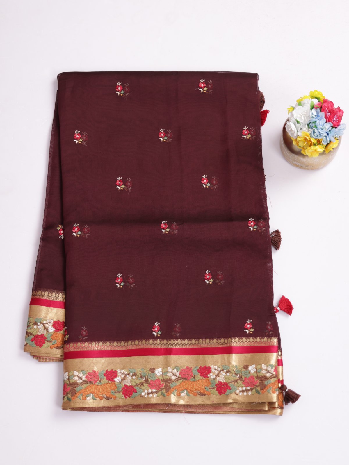 Brown Embroidered Organza Silk Saree With Golden Satin Border