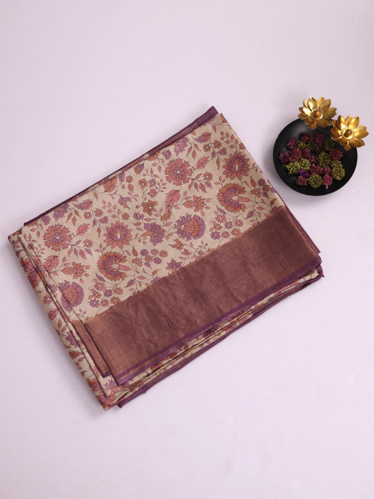 Off- White Printed Munga Tussar Silk Saree With Mauve Zari Border