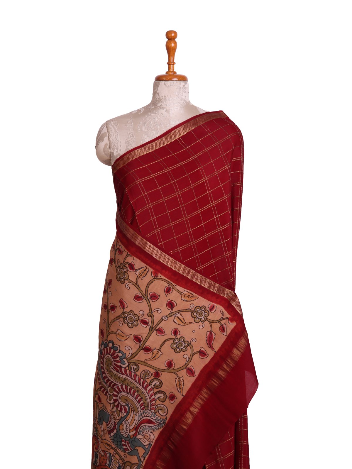Dark Red Checked Mysore Crepe Silk Saree with Kalamkari blouse and pallu
