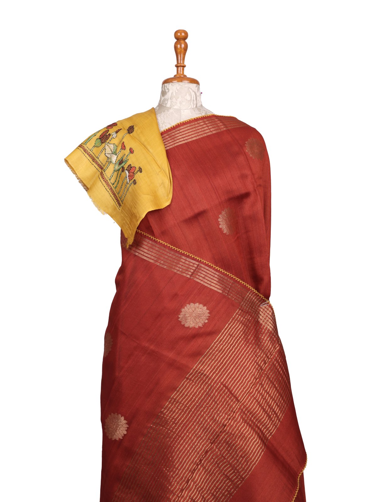 Rust Orange Tussar Silk Saree With Kantha Embroidery 