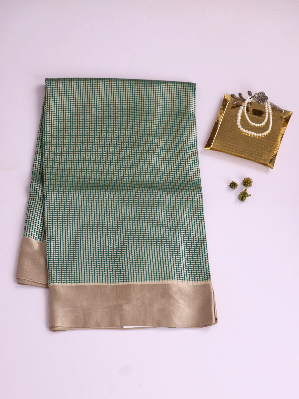 Bottle Green Banaras Tussar Silk Saree With Beige Satin Border