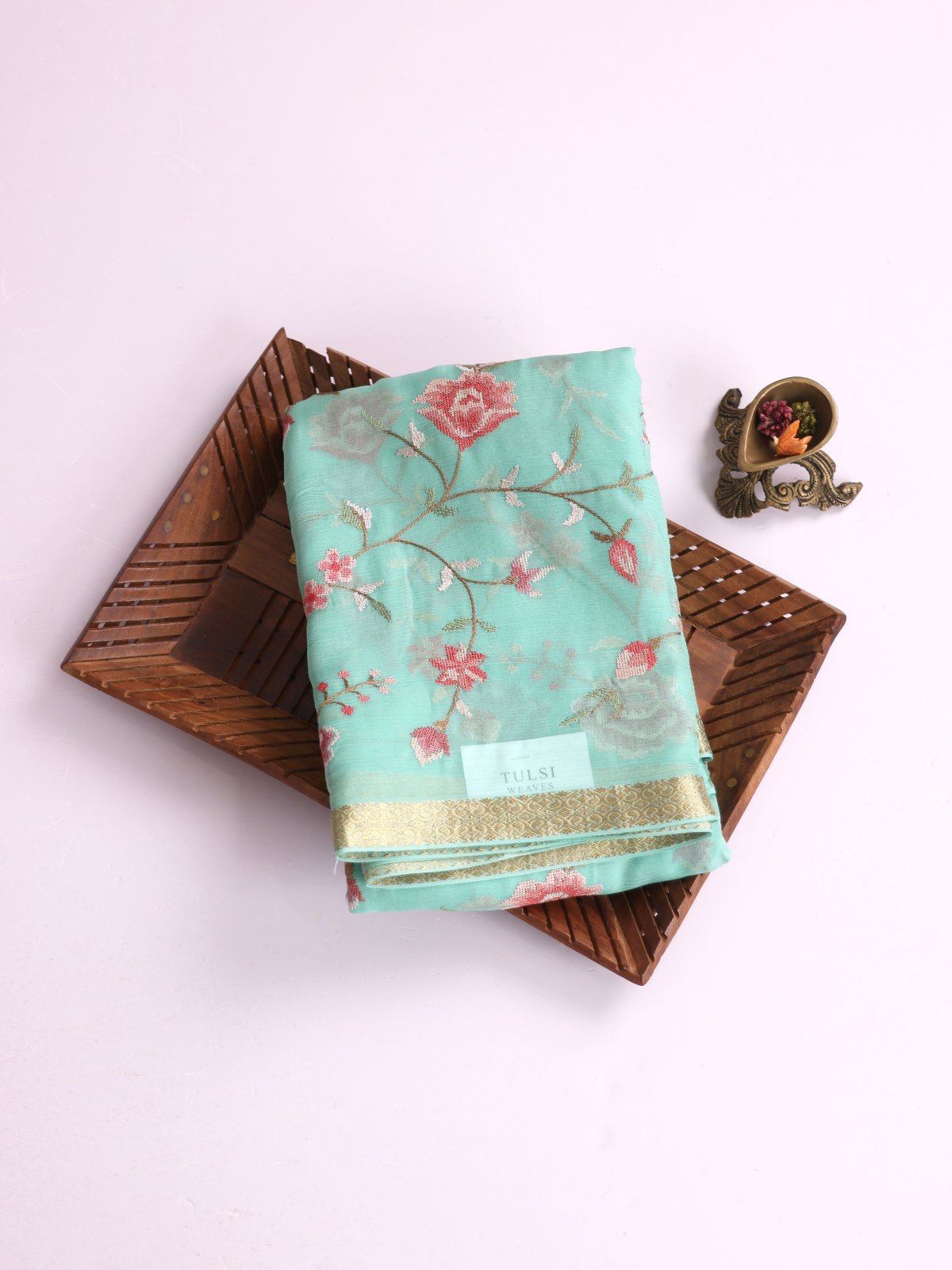 Light Turquoise Embroidered Chiffon Saree