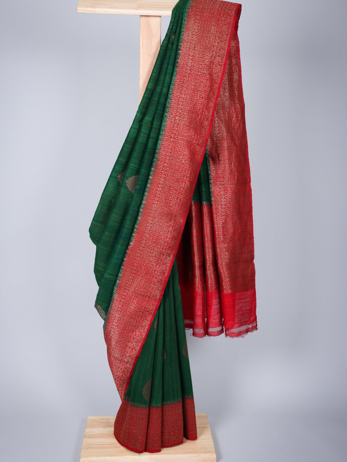 Dark Green Tussar Banaras Silk Saree With Red Border