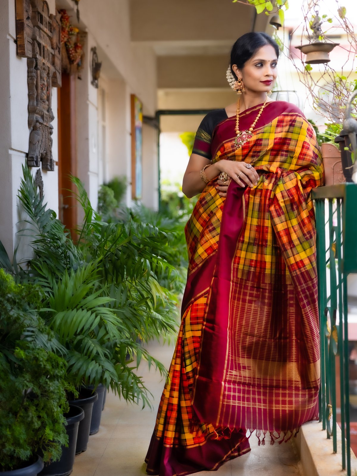 Multi-Colour Checked Kanjeevaram Silk Saree - Tulsi Weaves