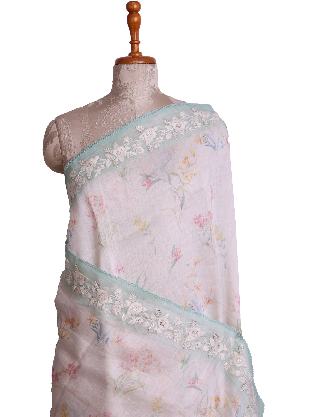 Off-White Linen Saree With Greenish Blue Embroidery Border