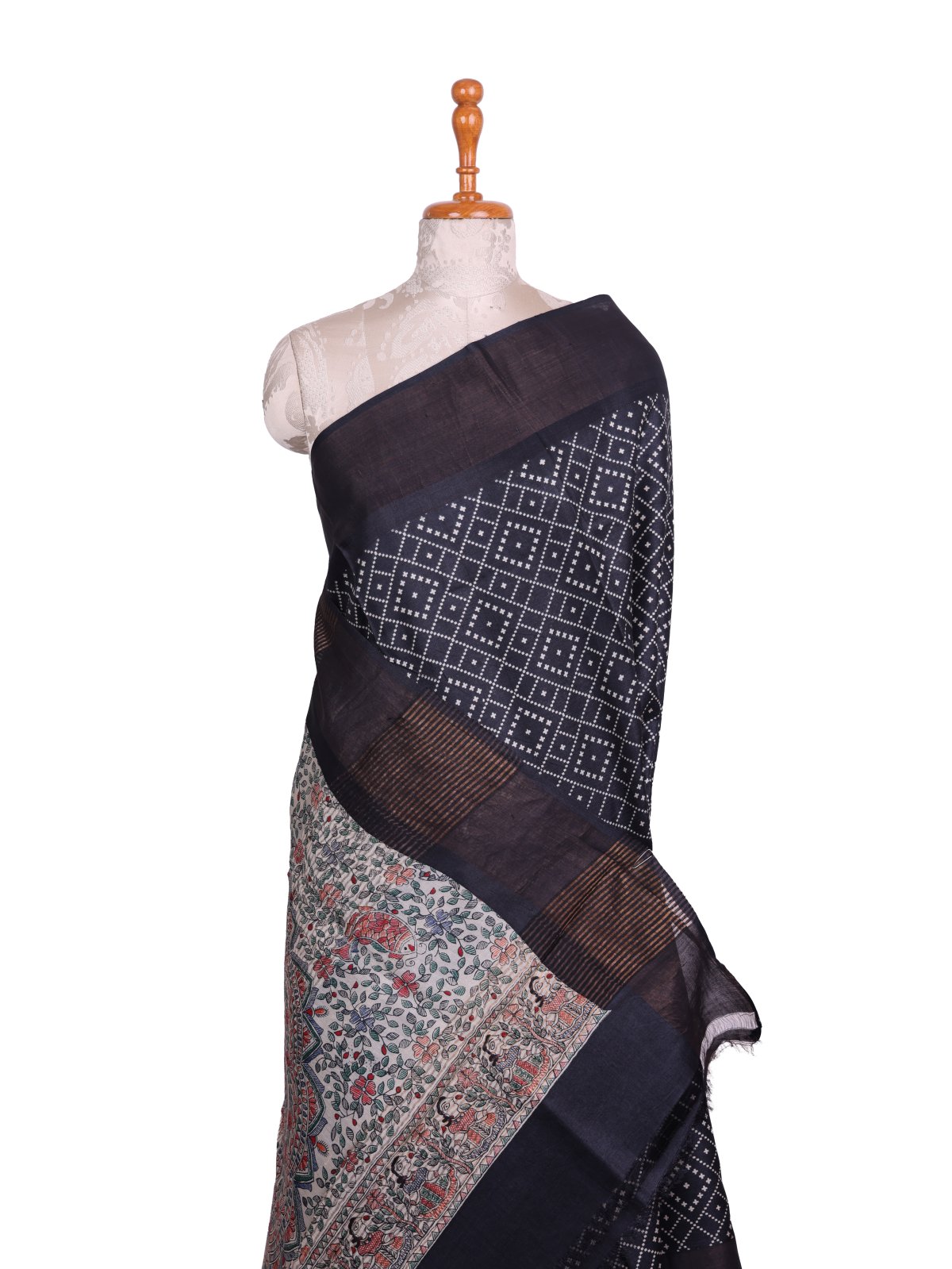 Black Printed Tussar Silk Saree with Madhubani Print