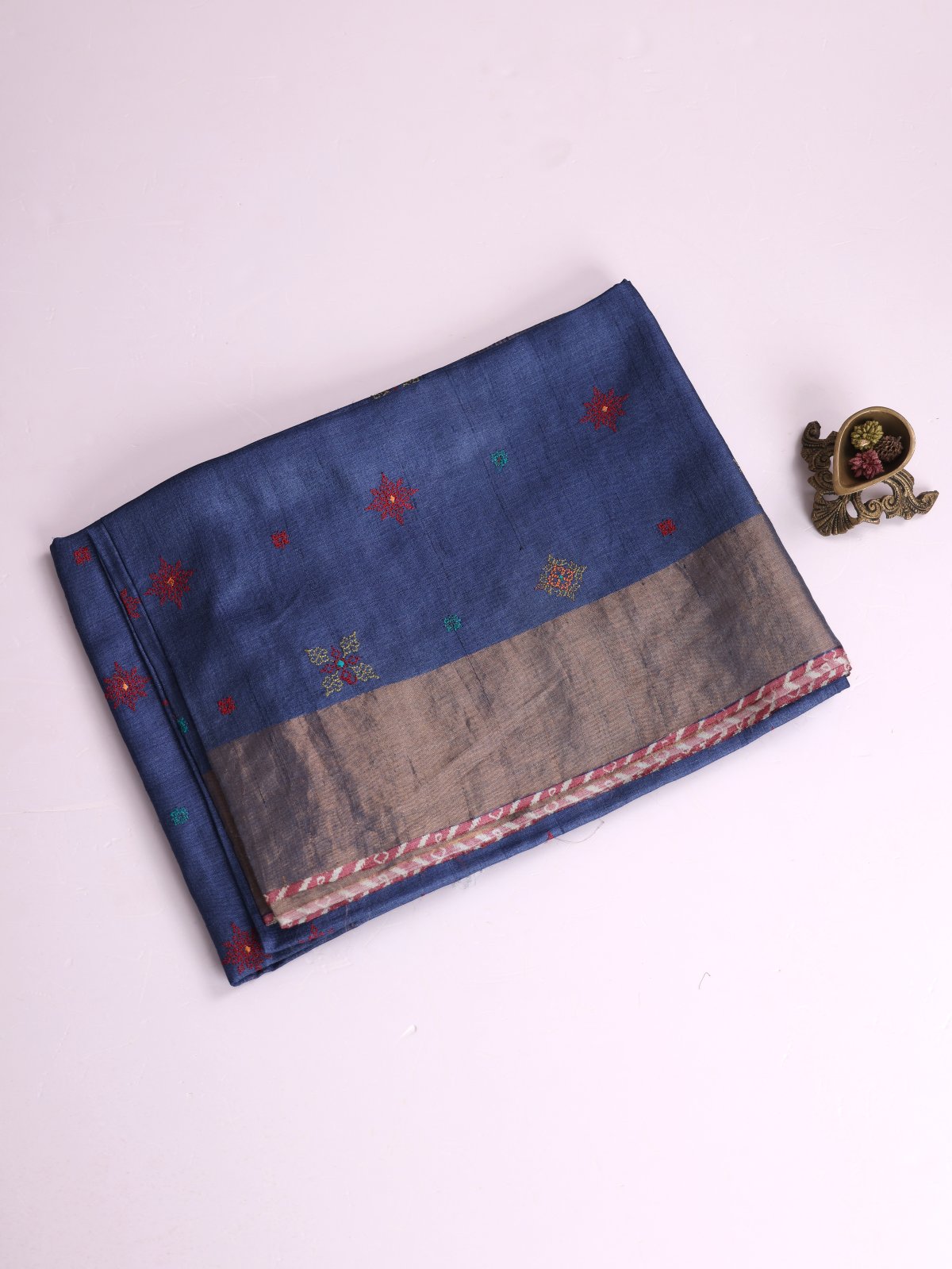 Dark Blue Embroidered Tussar Silk Saree With Zari Border