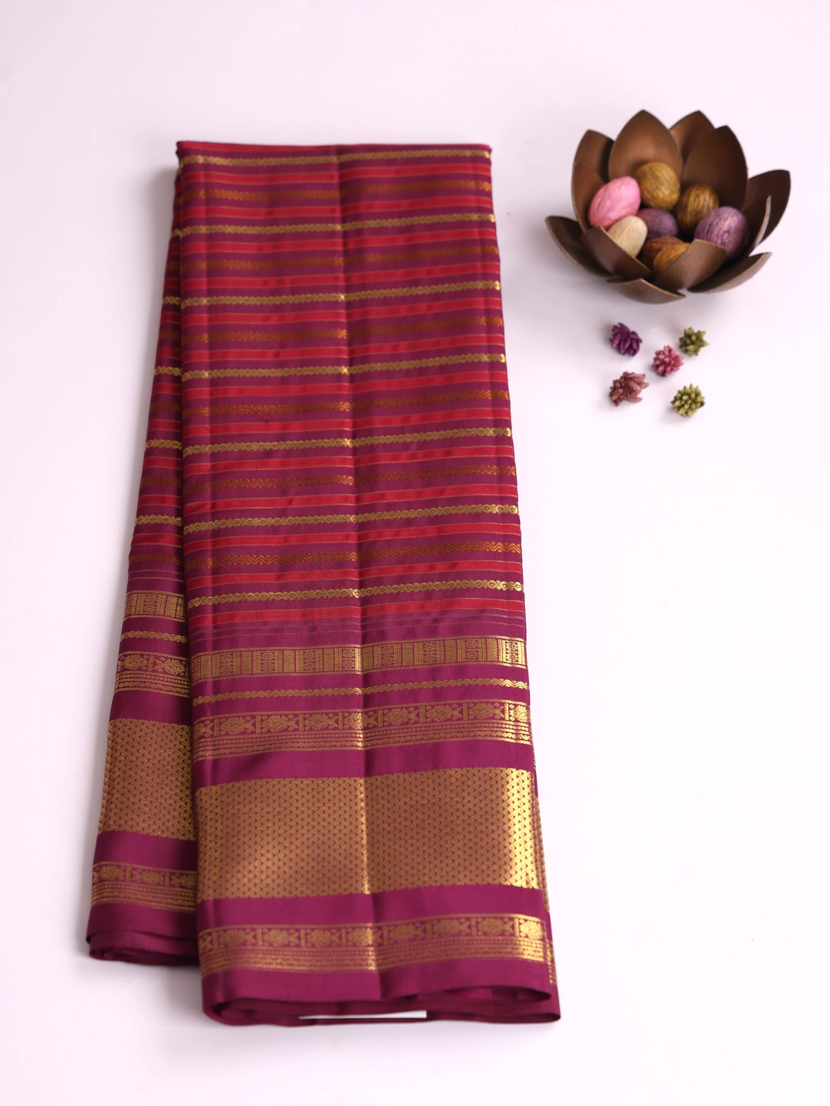 Burgundy Striped Kanjeevaram Silk Saree With Zari Border