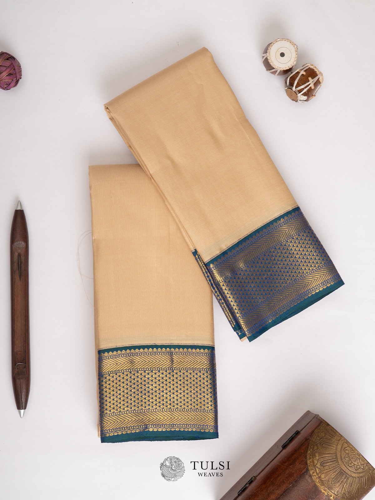 Beige Silk Dhoti with Blue Korvai border