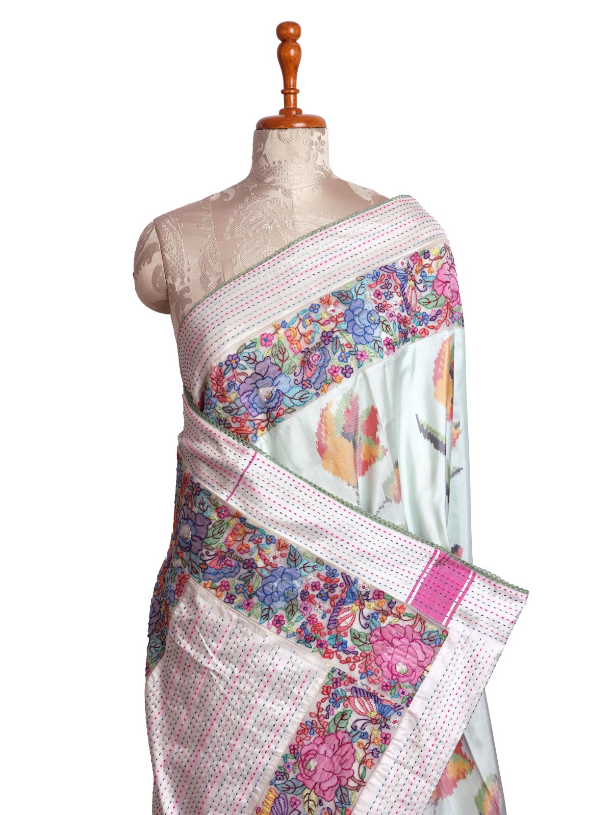 Light Mint Green Patola Silk Saree with Shadow Embroidered Border 