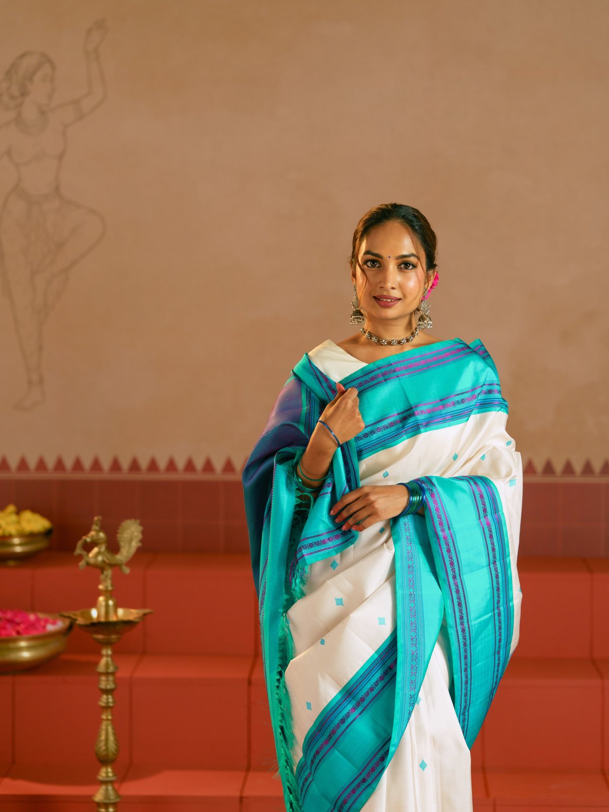 Crafted 27 - White Kanjeevaram Silk Saree With Greenish Blue Pattupettu Border