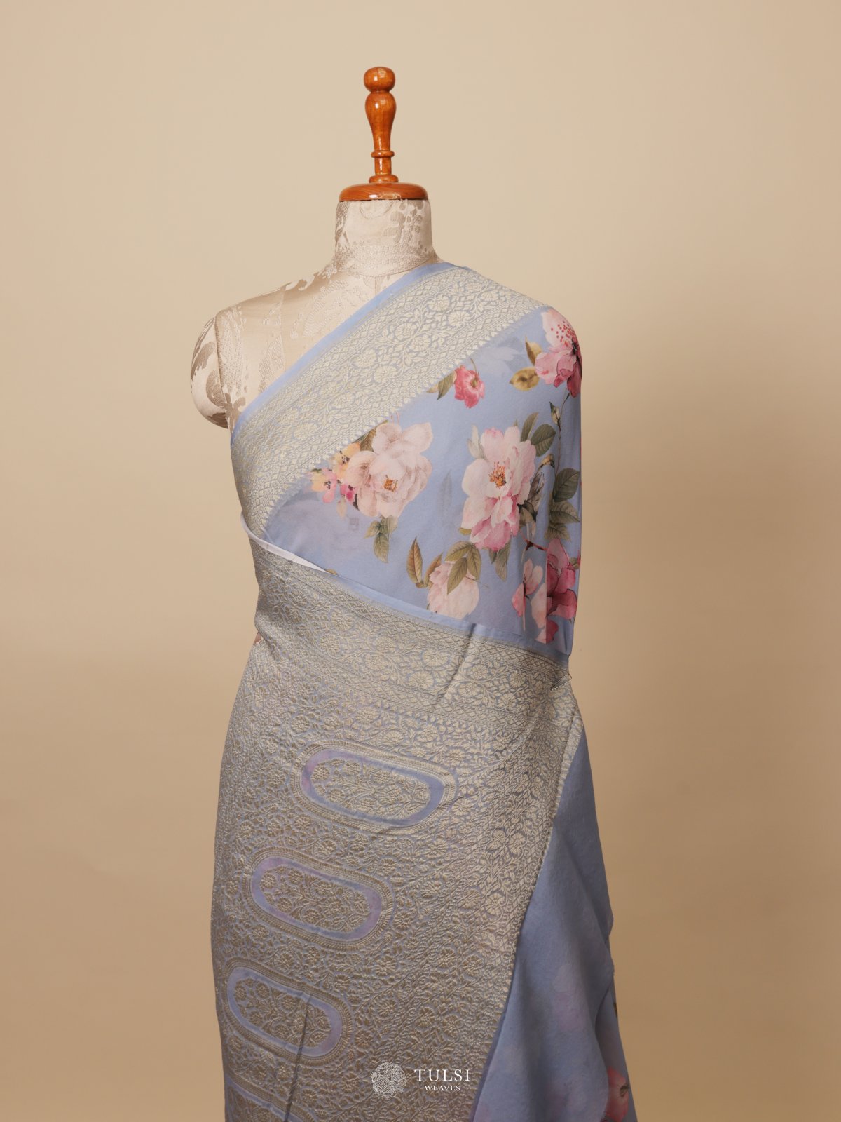 Blue Floral Printed Georgette Silk Saree With Woven Border