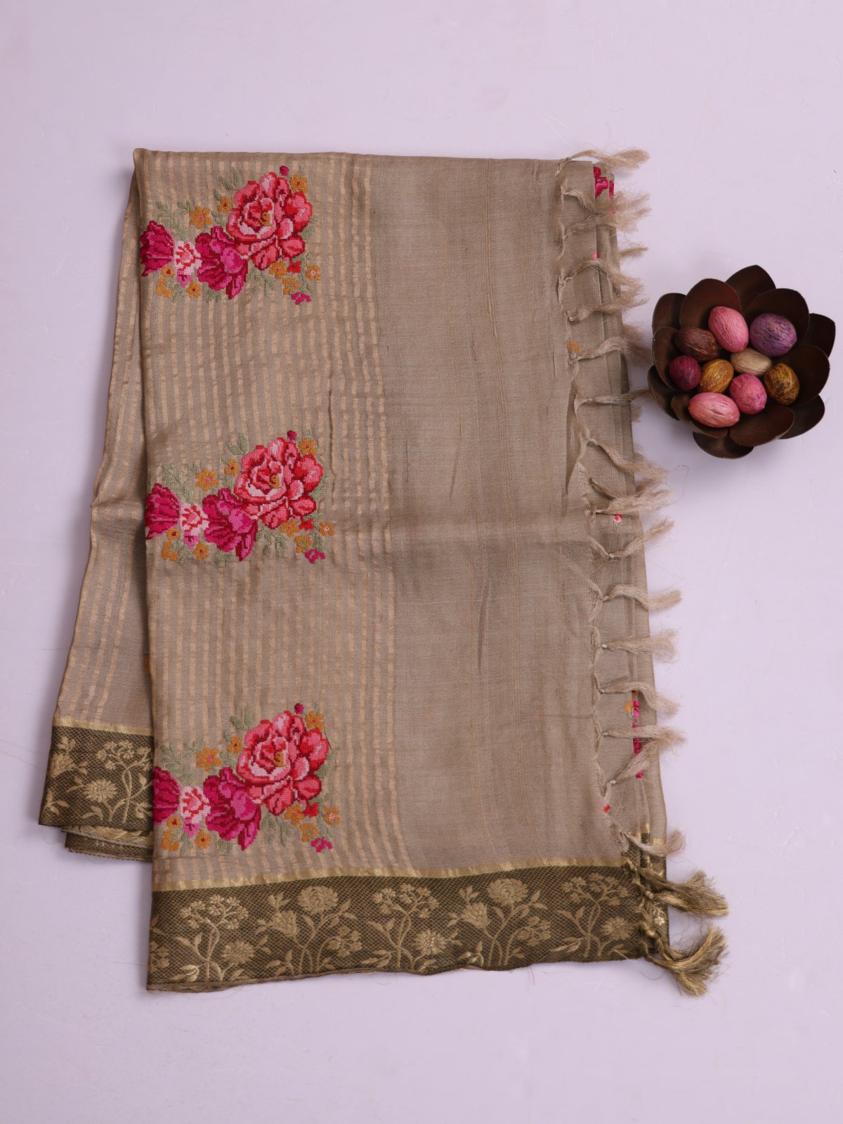 Khaki Tussar Silk Saree With Cross-Stitch Embroidery