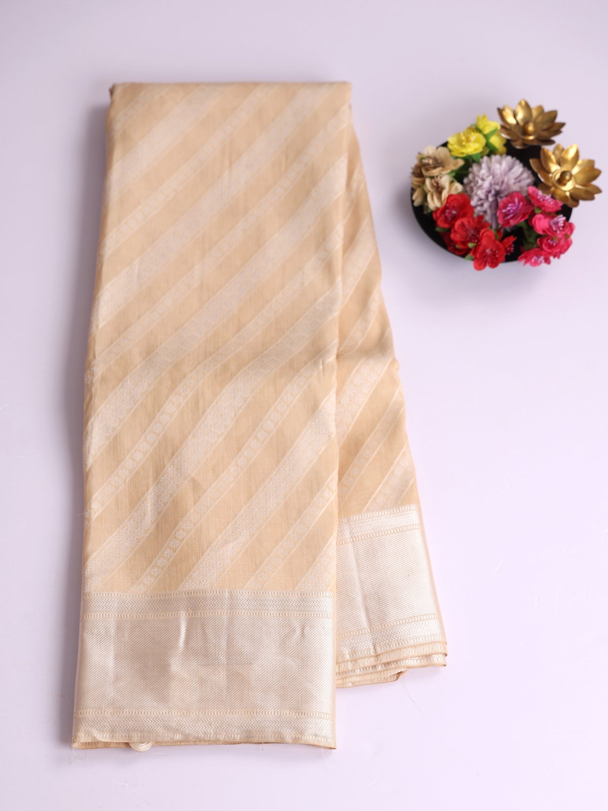 Beige Kanjeevaram Linen Saree With Cream Border