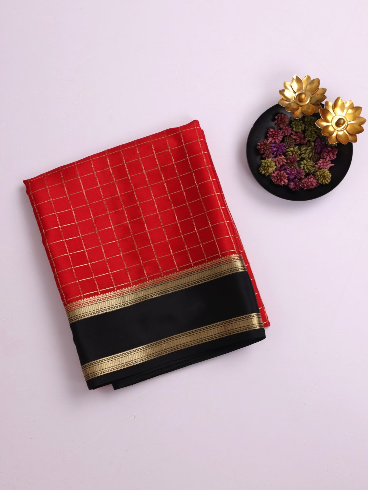Red Zari Checked Mysore Silk Saree With Black Border