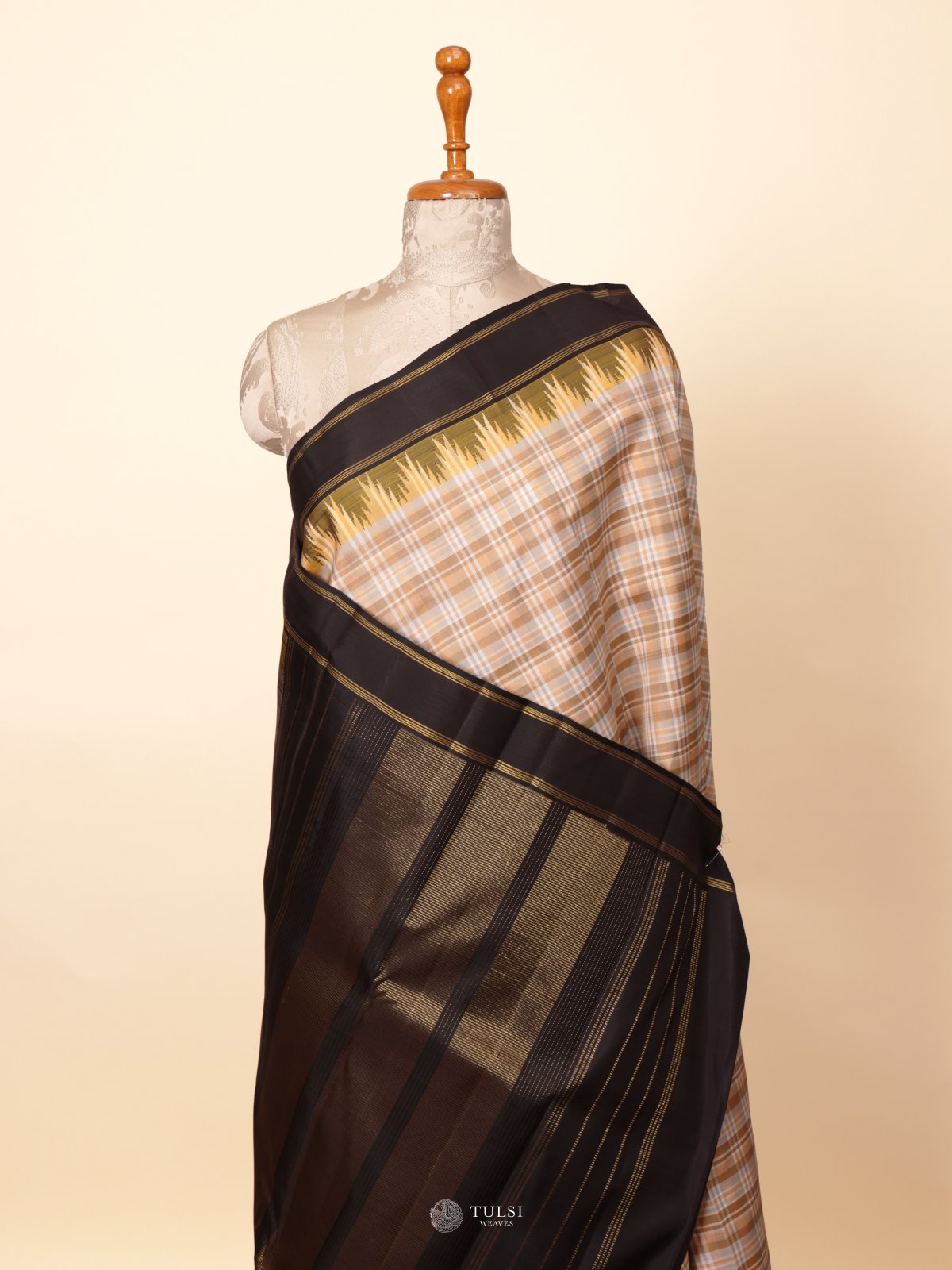 Multi Color Checked Kanjeevaram Silk Saree with Black Border