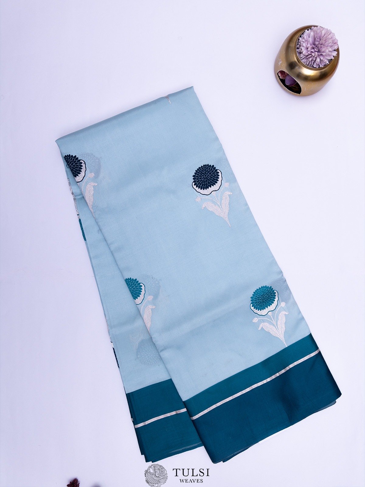 Light Blue Mashru Silk Saree with Striped Border