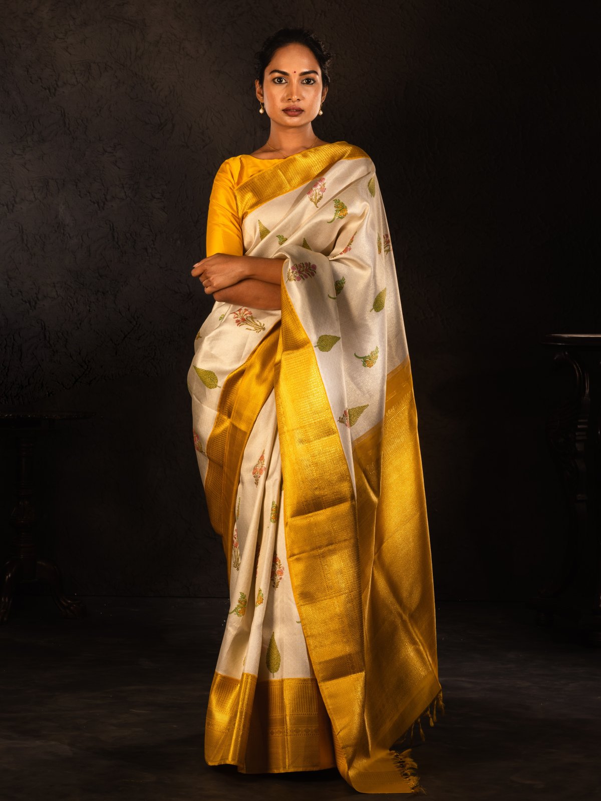 Floral Blockprint Kanjeevaram Silk Saree With Yellow Zari Border	