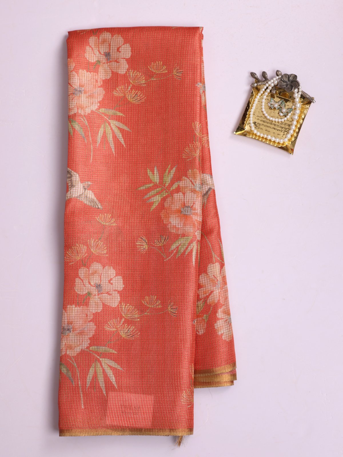 Orange Zari Checked Printed Tussar Silk Saree