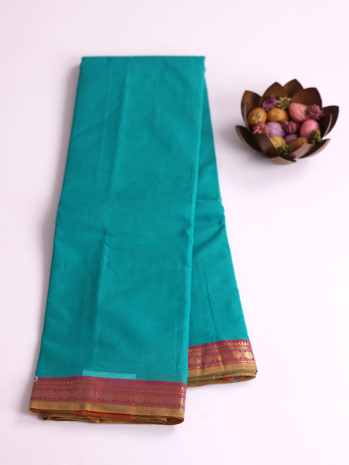 Teal Kanchi Cotton Saree With Zari Border