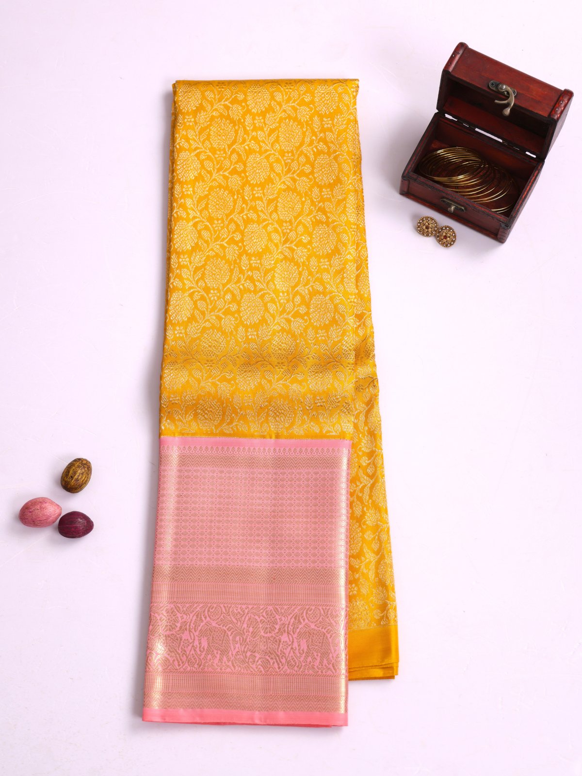 Mustard Yellow Kanjeevaram Silk Pavadai With Peachy Pink Border