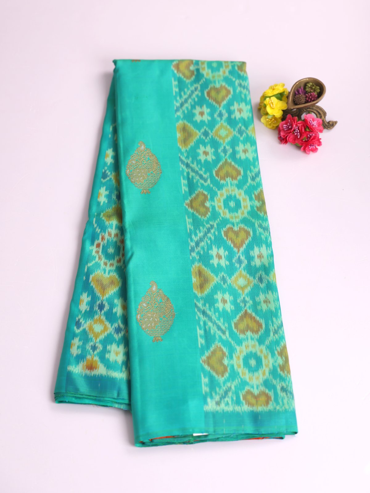 Turquoise Kanjeevaram Ikat Silk Saree