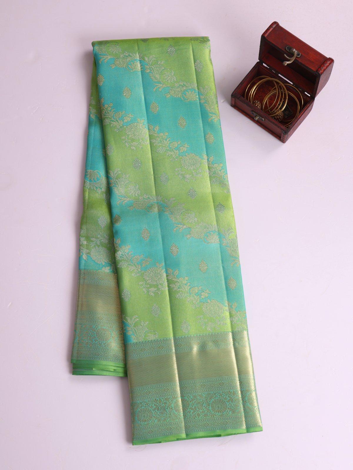 Light Blue And Light Green Striped Kanjeevaram Silk Saree With Zari Border