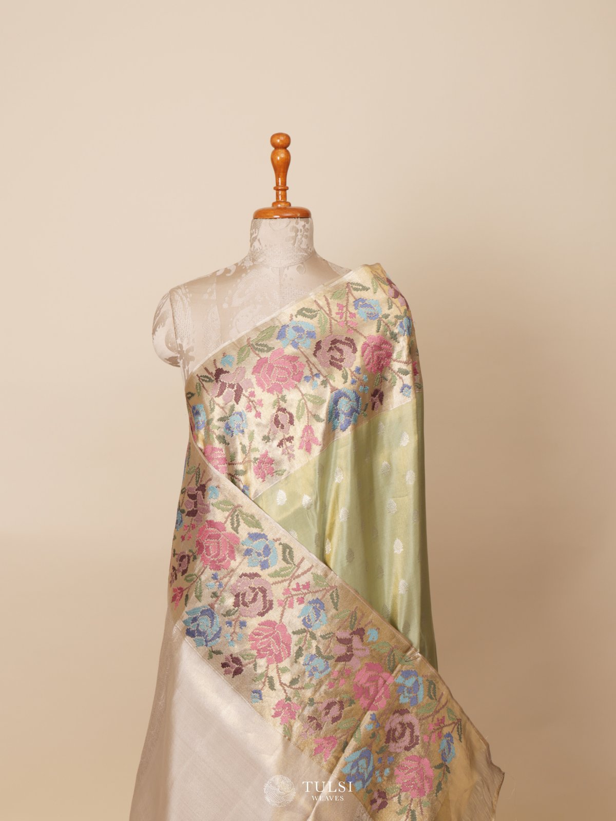 Mint Green Tissue Embroidered Kanjeevaram Silk Saree