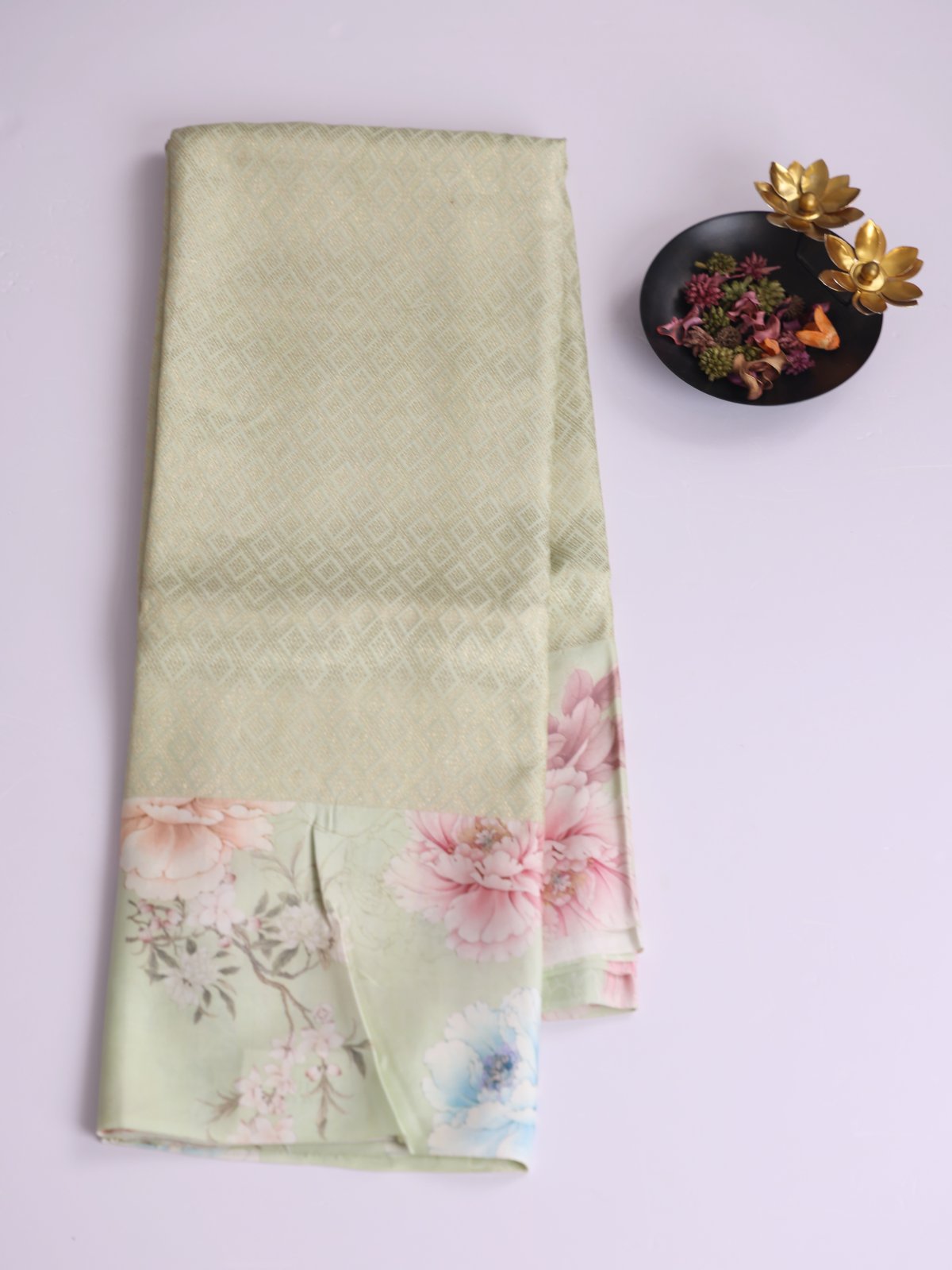 Light Green Brocade Kanjeevaram Silk Saree With Printed Border