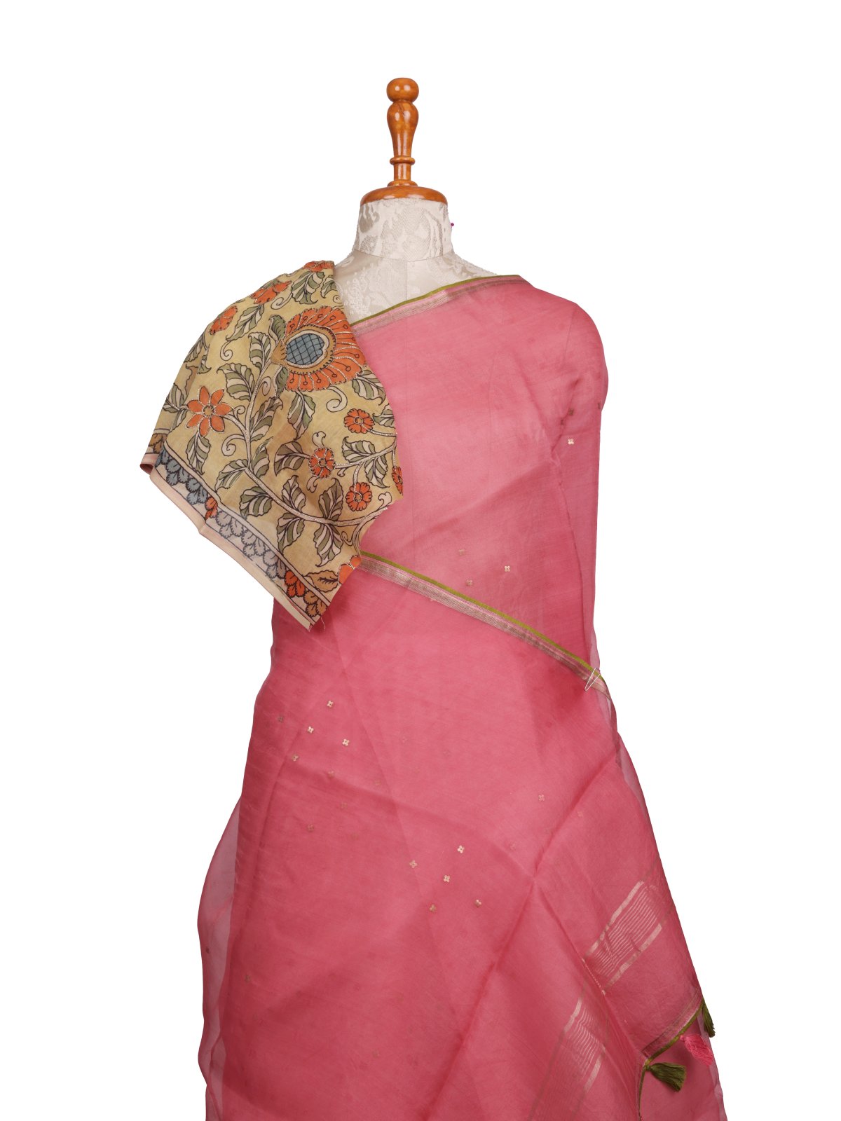Pastel Pink Organza Silk Saree With Kalamkari Blouse