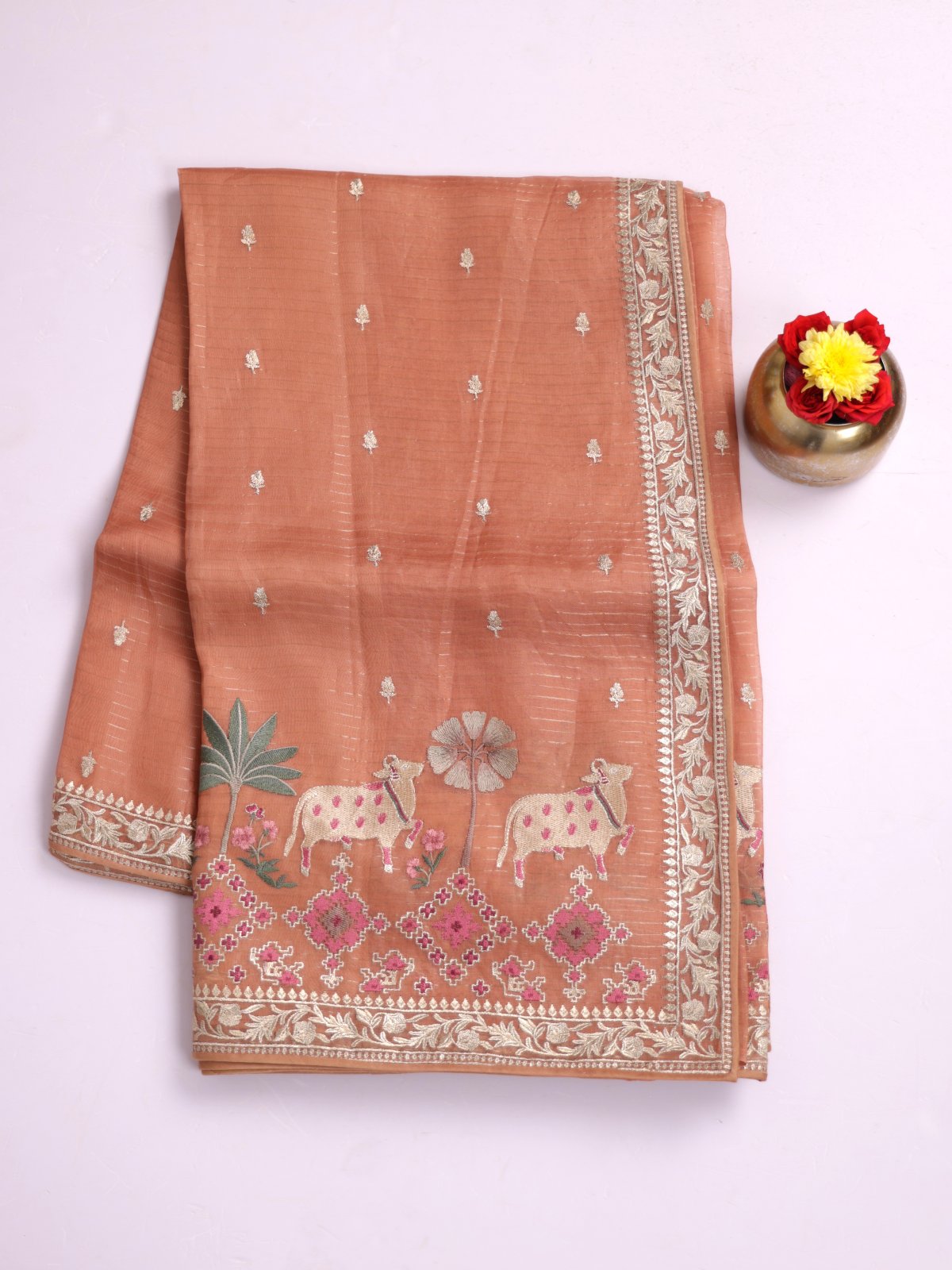 Peach Zari Striped Organza Silk Saree With Embroidered Border