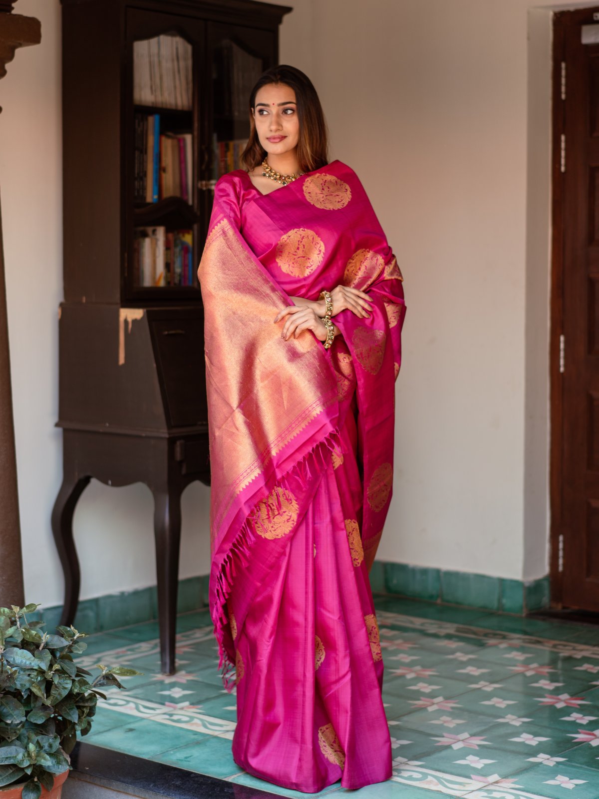 Borderless Pink Kanjeevaram Silk Saree