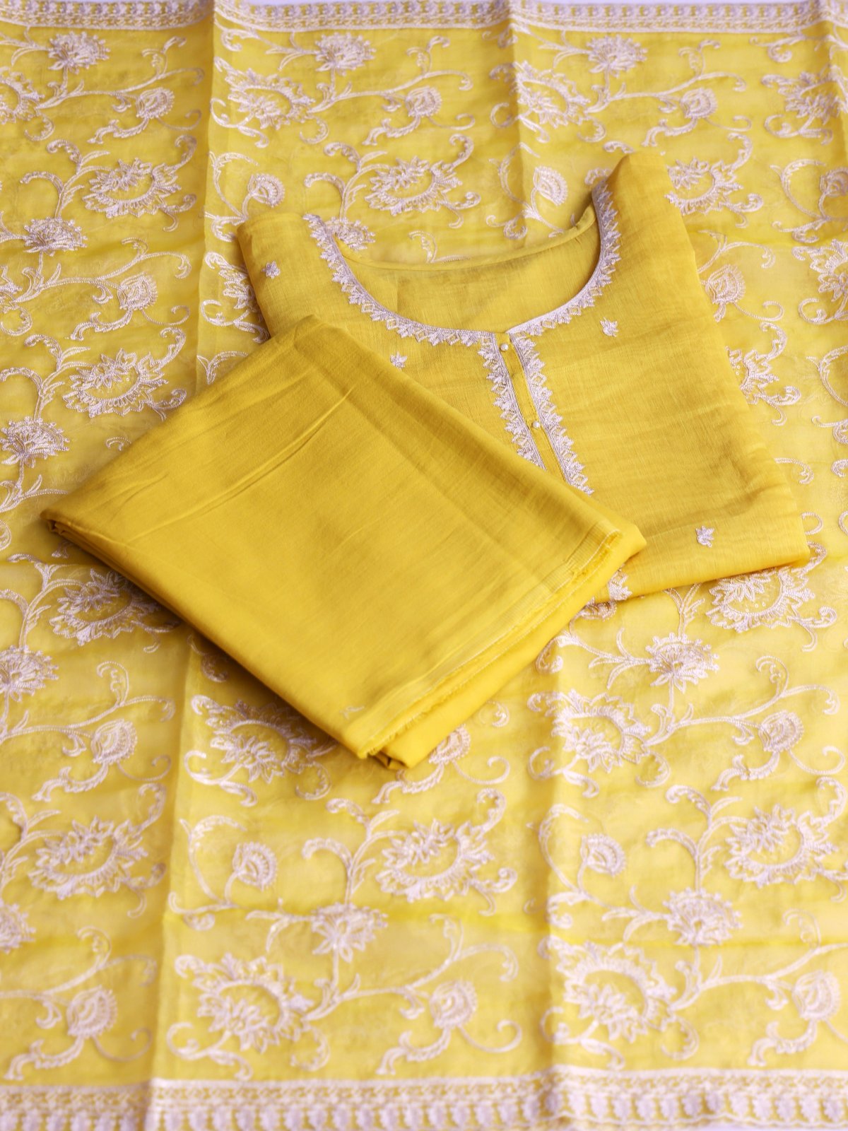 Yellow Embroidered Mul Chanderi Cotton Salwar Material