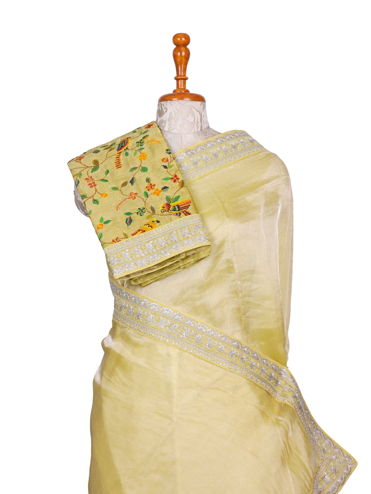 Pastel Yellow Tissue Organza Silk Saree with Embroidered Blouse