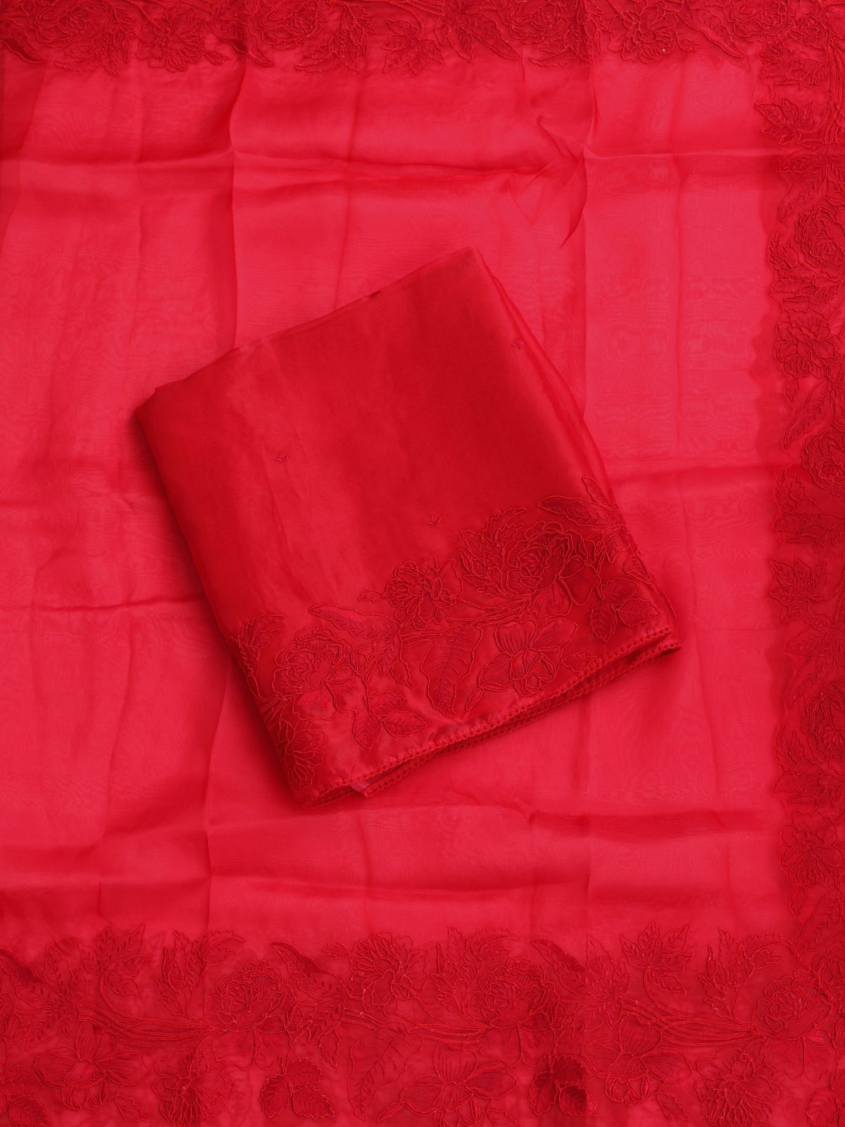 Red Embroidered Organza Salwar Material